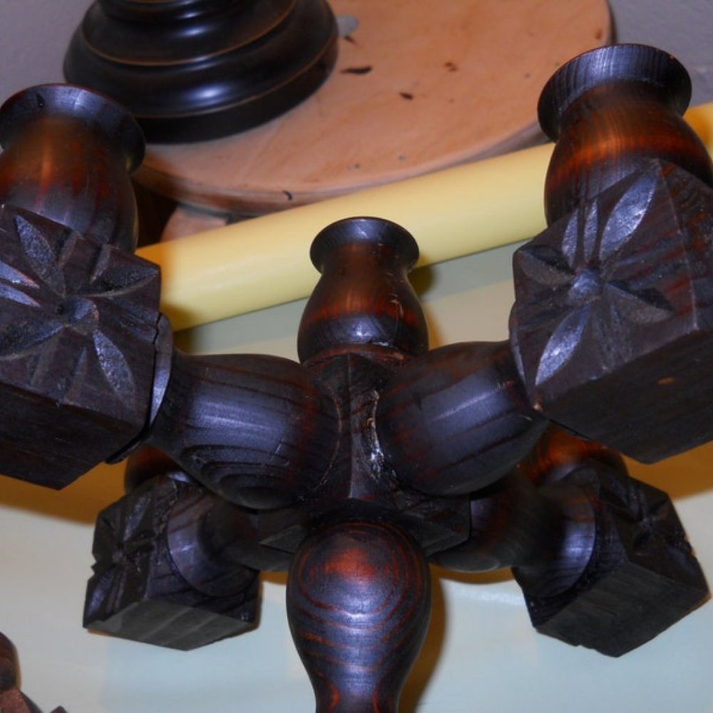 🏷 Vintage Spanish 4-Arm Carved Wood Candelabra - Picture 5 of 10